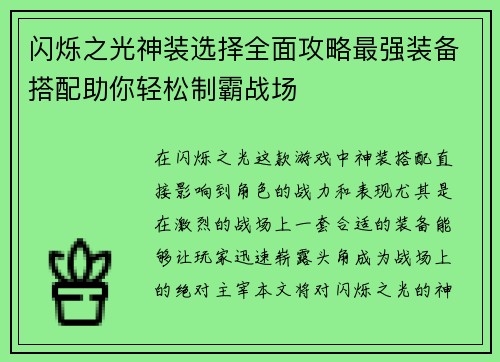 闪烁之光神装选择全面攻略最强装备搭配助你轻松制霸战场